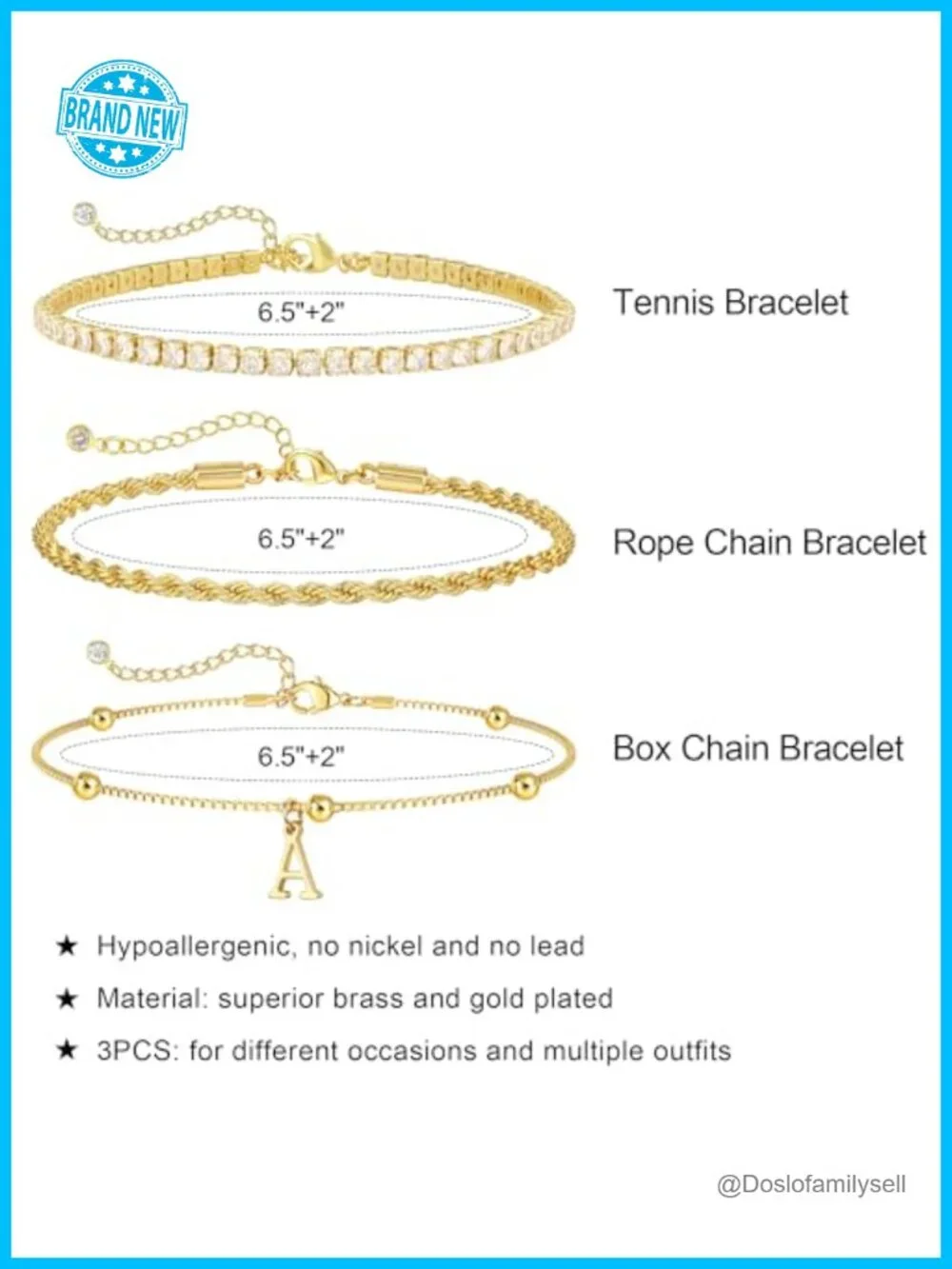 Dainty Gold Plated Bracelet Stack Set - Initial, Tennis & Rope Chain -